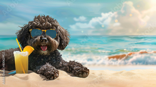Portuguese Water Dog Enjoying a Sunny Beach Day, Wearing Sunglasses and Laying on the Sand for Summer Vacations photo