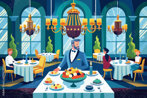 Visualize savoring a gourmet tasting menu in an elegant dining room adorned with crystal chandeliers