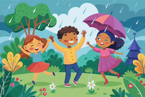 Visualize kids holding a rain dance in the garden, twirling and spinning as they celebrate the beauty and wonder of the rainy day