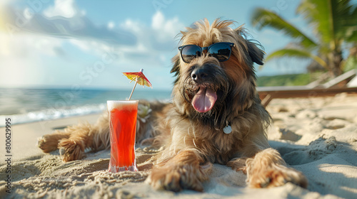 Pyrenean Shepherd Dog Enjoying a Sunny Beach Day, Wearing Sunglasses and Laying on the Sand for Summer Vacations photo