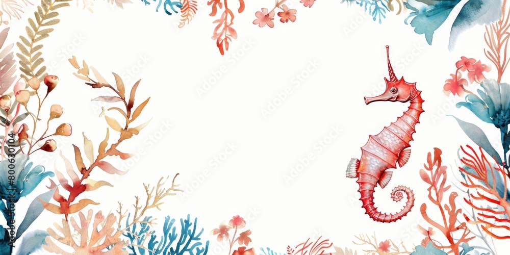 Underwater scene with a sea horse and aquatic plants. Perfect for marine life concepts