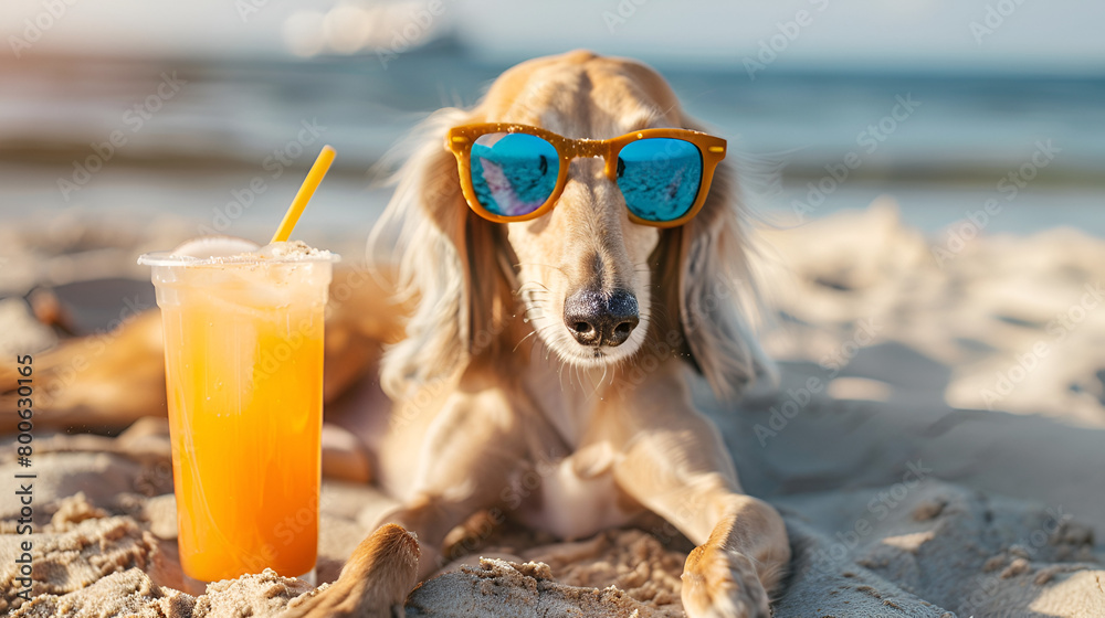 Saluki Dog on Summer Vacation, Laying on the Beach at Sunset with Sunglasses, Embracing the Summertime Ease