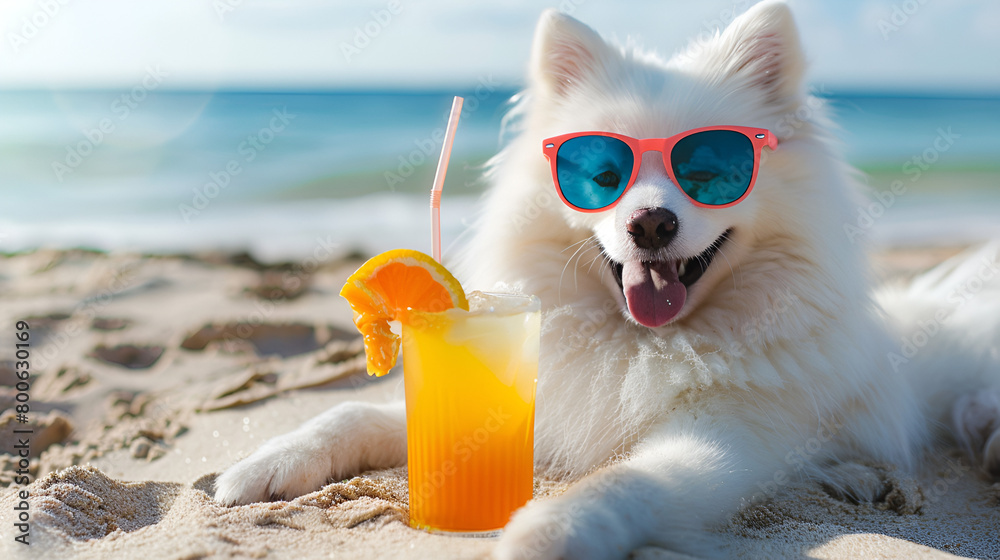 Samoyed Dog Laying on the Beach, Wearing Sunglasses, and Relishing the Summer Vacation Atmosphere