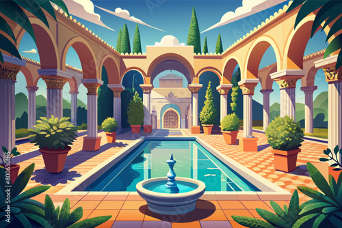 Visualize a Mediterraneanstyle terrace with a Romaninspired pool, featuring grand archways, sculpted fountains, and intricate mosaic tile work