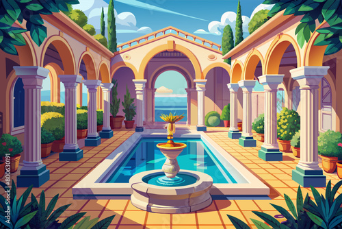 Visualize a Mediterraneanstyle terrace with a Romaninspired pool, featuring grand archways, sculpted fountains, and intricate mosaic tile work