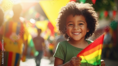 Happy Child Holding red, green and yellow flag symbolizing Juneteenth Freedom and African liberation day. Black life matters. Black history month. photo