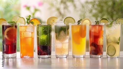 Variety of zerocalorie drinks herbal teas fizzy water no. Concept Zero Calorie Drinks, Herbal Teas, Fizzy Water, Healthy Hydration, Beverage Options photo