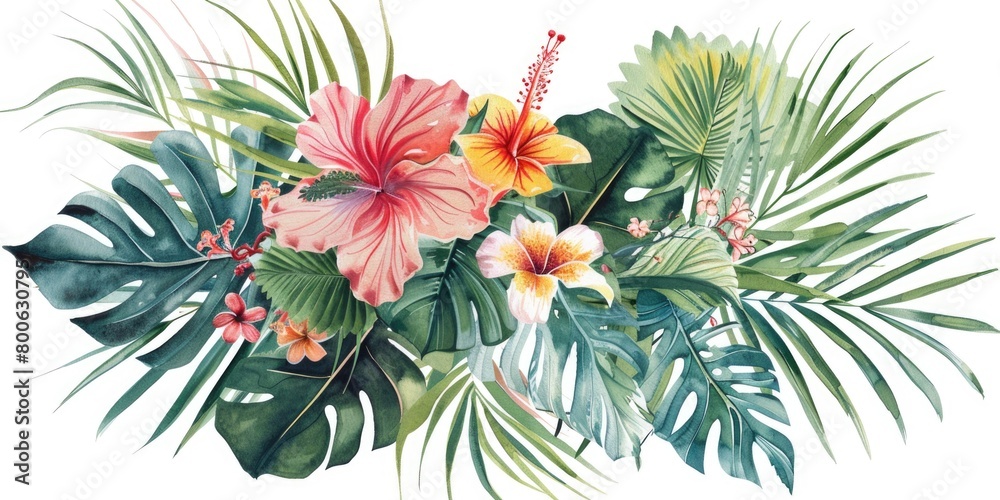 Vibrant tropical flowers and leaves on a clean white background. Perfect for botanical designs