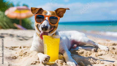 Smooth Fox Terrier Dog Relaxing on Warm Sands, Enjoying Summertime with Sunglasses on a Seaside Vacation © Dawid