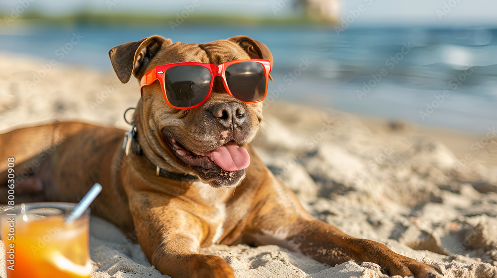 Staffordshire Bull Terrier Dog Relaxing on Warm Sands, Enjoying Summertime with Sunglasses on a Seaside Vacation