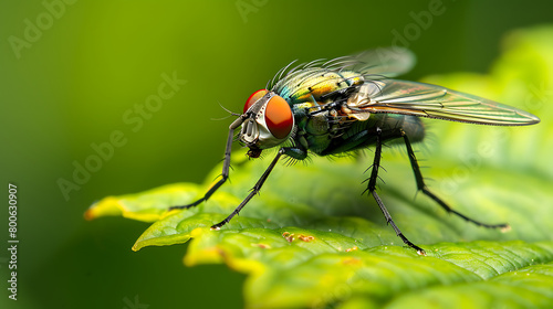 a close-up view of a fly perched on a vibrant green leaf. The intricate details of the fly are prominently displayed against a softly blurred natural background