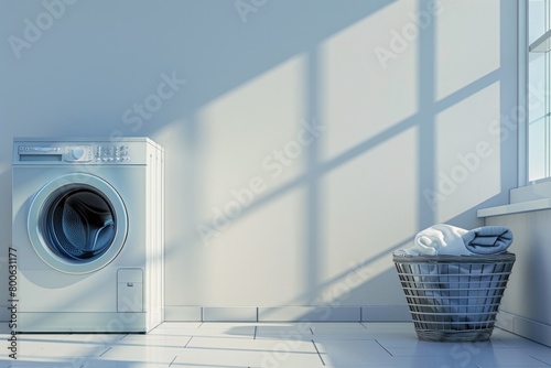 A white washer sitting next to a window in a room. Suitable for household and cleaning concepts