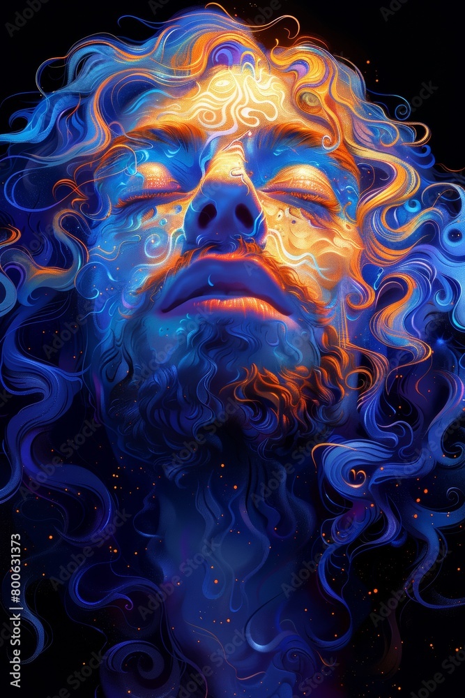 A man with a face painted in blue and orange, AI