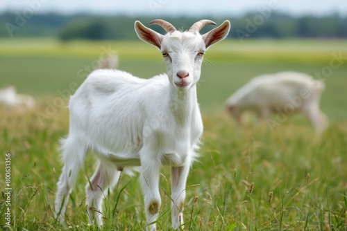 A goat standing in a field with grass