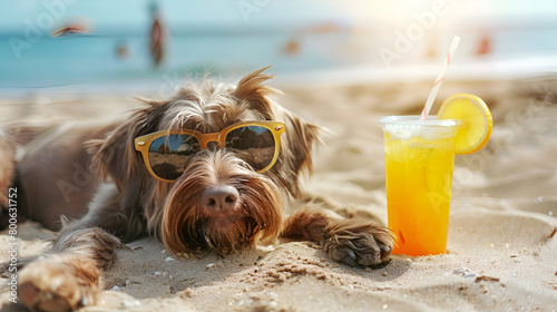 Wirehaired Pointing Griffon Dog Relaxing on Warm Sands, Enjoying Summertime with Sunglasses on a Seaside Vacation
