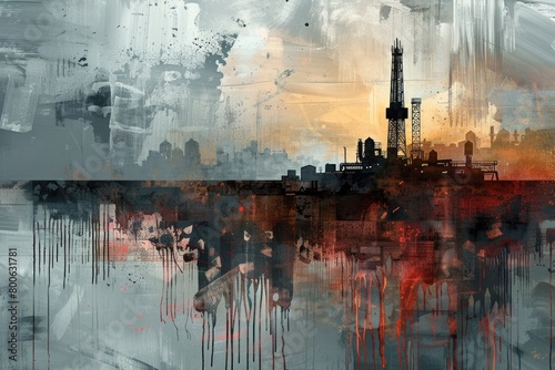A painting of a city with a large oil rig in the background. Suitable for industrial and urban themes photo