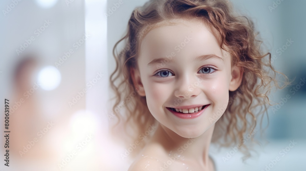 Close up portrait of girl after wash in bathroom. Healthy hygiene care.
