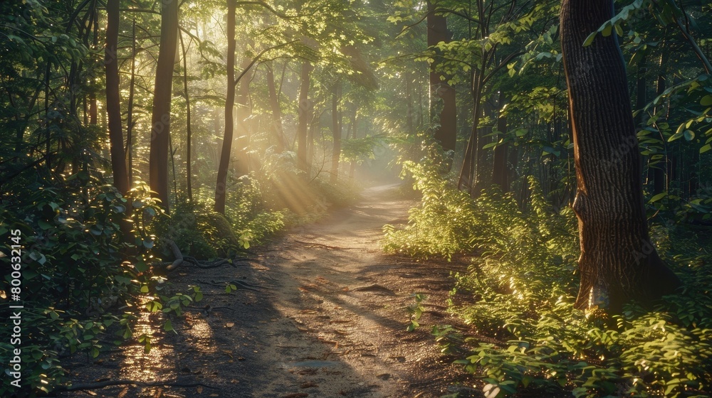 A serene forest path dappled with sunlight, evoking a sense of peace and contemplation on Ascension Day. 8k, realistic, full ultra HD, high resolution, cinematic photography ar 16:9