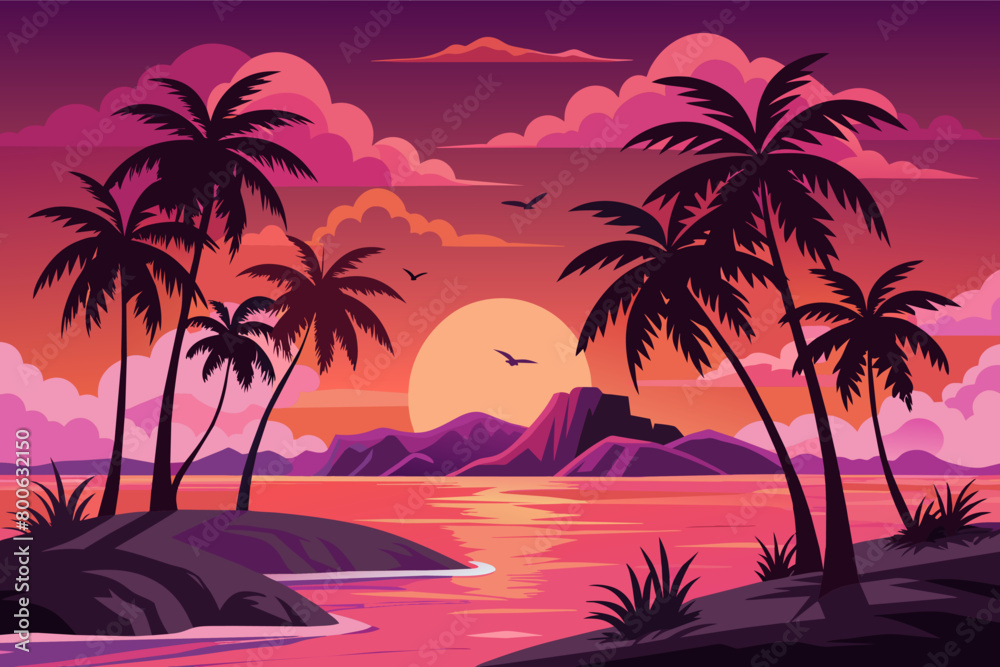 Tropical island sunrise, palm trees silhouetted against a pink sky