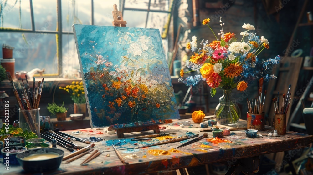 table displaying a vase filled with blooming flowers and an artwork hanging above it. table displaying a vase filled with blooming flowers and an artwork hanging above it.