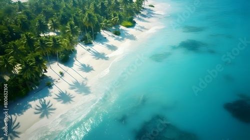Aerial view of beautiful tropical island with palm trees, turquoise ocean and sandy beach