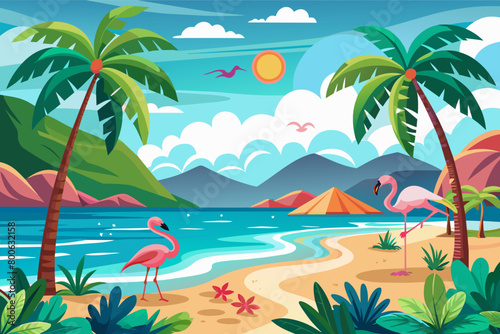 Tropical beach with palm trees and flamingos