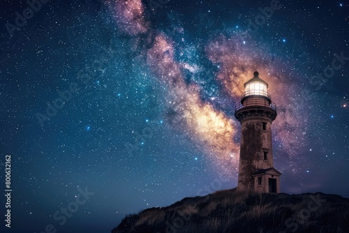 Scenic view of a lighthouse on a hill with the Milky Way in the background. Ideal for travel and nature concepts