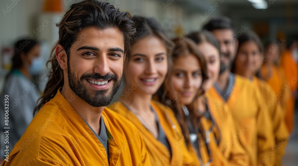 Obraz premium A group of people in orange scrubs standing next to each other, AI