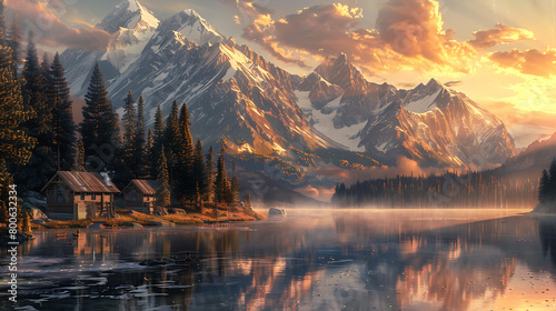 The scene unfolds against a backdrop of towering  snow-capped mountains that stretch into the distance