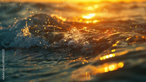 Close up view of a wave in the ocean at sunset. Ideal for travel and nature concepts
