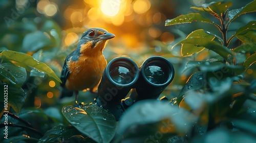 Bird watching in a serene forest, close-up on a pair of binoculars focusing on a rare species, nature's beauty photo
