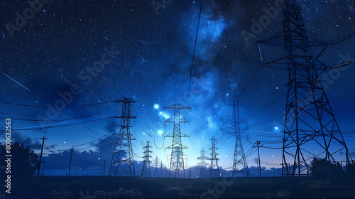a captivating scene featuring electricity pylons set against a starry night sky