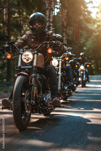 Group of people riding motorcycles down a road. Suitable for travel and adventure concepts