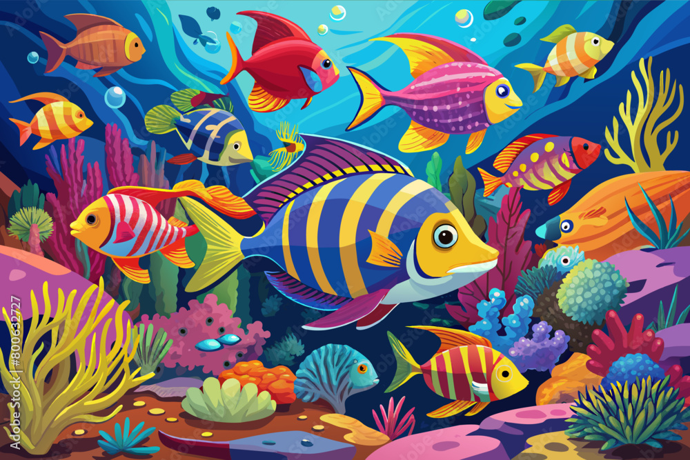 The vibrant hues of a school of tropical fish swimming by The vibrant hues of a school of tropical fish swimming by