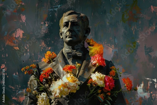 A statue of a man holding a bunch of flowers. Suitable for various occasions and celebrations