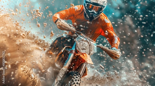 A man riding a dirt bike on a muddy road. Great for outdoor sports and adventure concepts