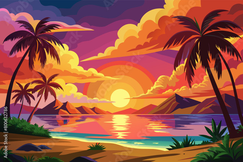 The vibrant colors of a tropical sunset painting the sky