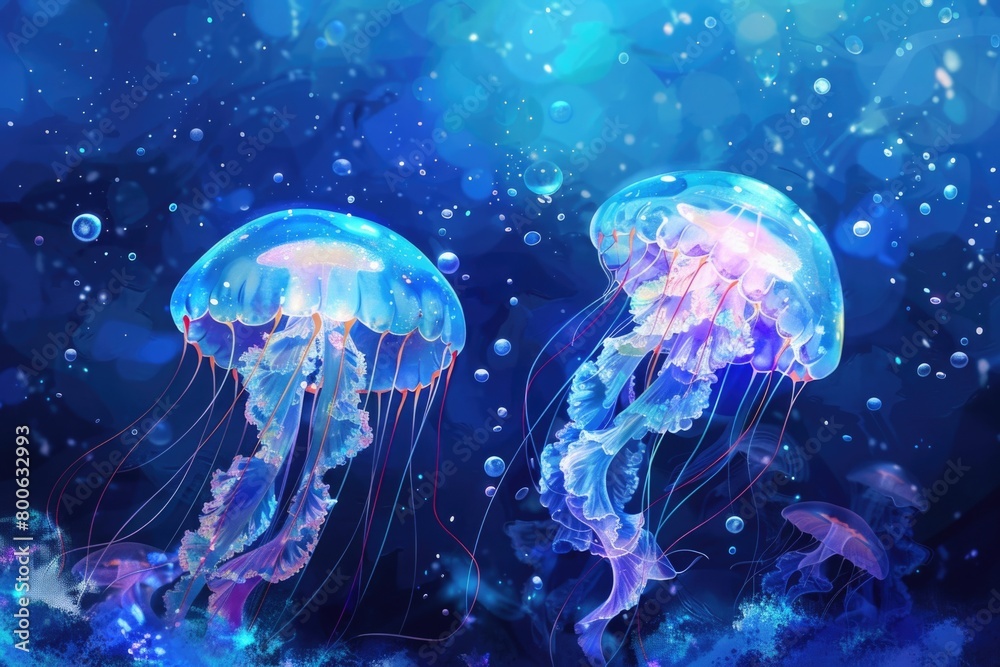 Two jellyfish gracefully floating in the water, perfect for aquatic themes Two jellyfish gracefully floating in the water, perfect for aquatic themes