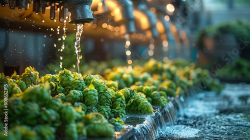 Craft beer brewing process, close-up on hops being added, the alchemy of flavors