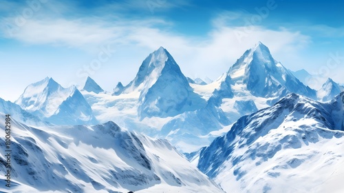 Panoramic view of snowy mountains. Winter landscape. 3D illustration © I