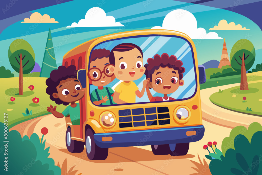 The reflection of a joyful group of children in the school bus rearview mirror The reflection of a joyful group of children in the school bus rearview mirror