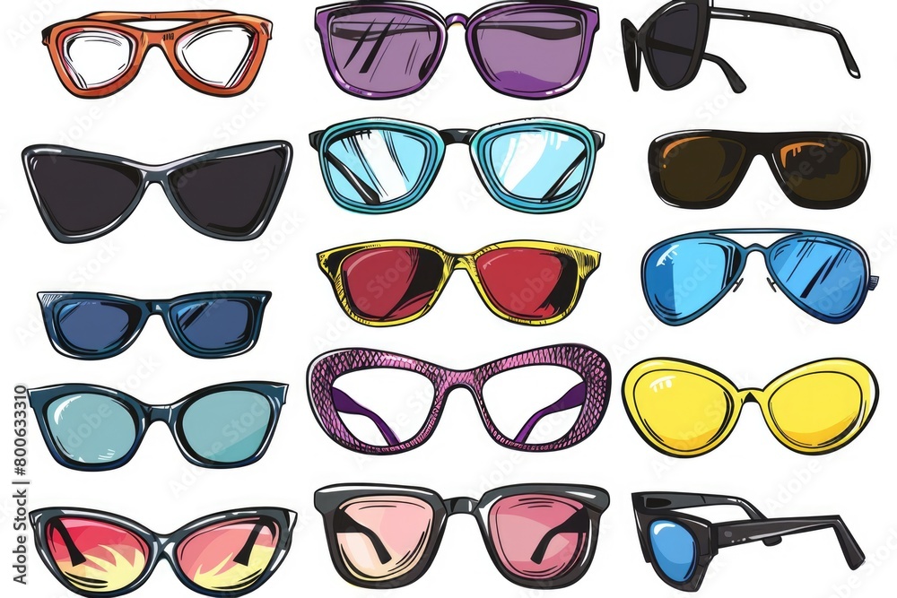 Collection of various colored sunglasses on a plain white backdrop. Suitable for summer fashion or eyewear concepts