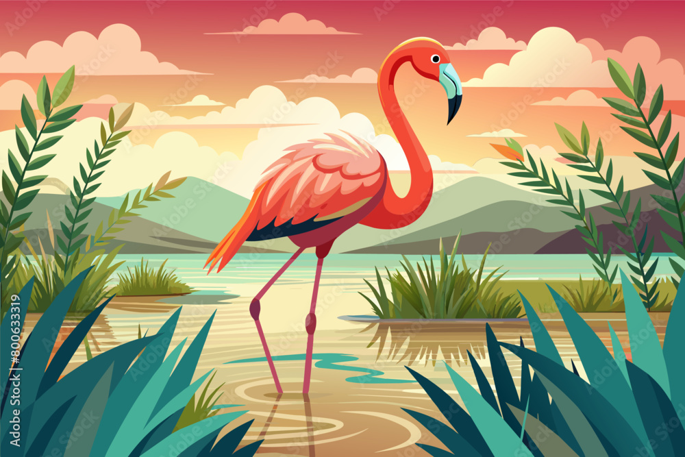 Fototapeta premium The majestic grace of a flamingo wading through a marsh