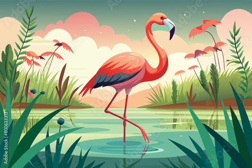 The majestic grace of a flamingo wading through a marsh