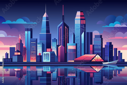 The majestic skyline of Chicago  with its iconic skyscrapers and illuminated landmarks reflected in the waters of Lake Michigan