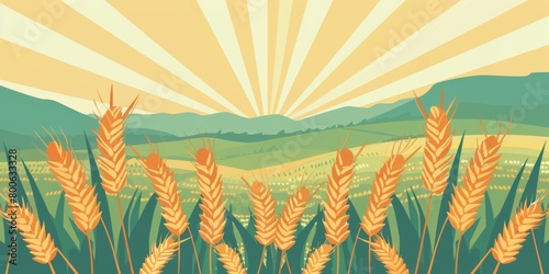  background of wheat fields with rays of sunlight  with simple lines and warm colors focus is on the golden brown ears of grain against the green landscape  symbolizing harvest season Generative AI