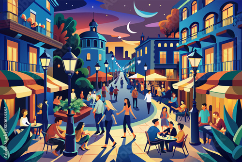 The lively atmosphere of Barcelonas La Rambla at night, with street performers, outdoor cafes, and lively crowds filling the pedestrian boulevard