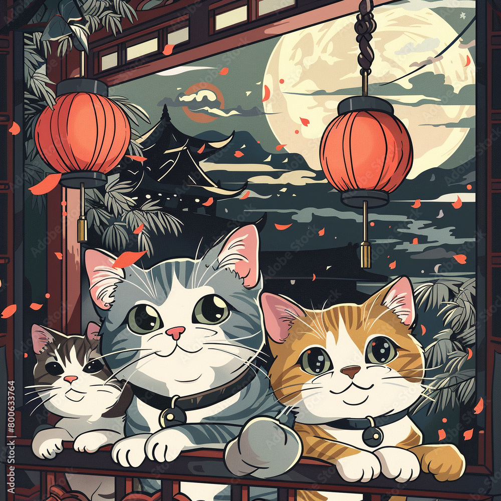 Fototapeta premium Illustration of kittens with oriental themes. Image made by artificial intelligence.
