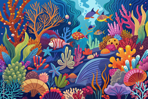 The intricate patterns of a coral reef teeming with life