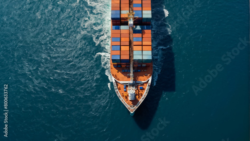 cargo ship with containers in a beautiful ocean, aero